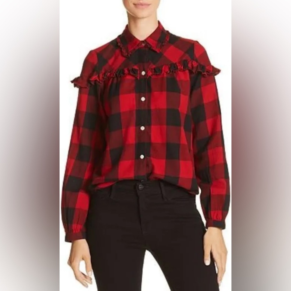 FRAME Buffalo Ruffle Plaid Flannel Long Sleeve Red/Black Shirt Women’s Size M